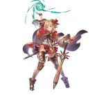 &gt;:) blonde_hair boots bracelet breastplate brown_hair cape djeeta_(granblue_fantasy) granblue_fantasy hair_ornament hair_ribbon hand_up jewelry knee_pads magic minaba_hideo official_art red_cape red_skirt ribbon saber_(weapon) short_hair skirt smile sword thigh-highs thigh_boots transparent_background weapon wide_sleeves wind zettai_ryouiki 