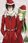  1boy 1girl black_hair c.c. christmas_tree coat code_geass eyebrows_visible_through_hair fang_out fur_trim green_hair grey_background grey_scarf hair_between_eyes hands_in_pockets hands_on_another&#039;s_shoulders hat highres leaning_to_the_side lelouch_lamperouge long_hair lucky_keai merry_christmas red_coat red_hat santa_costume santa_hat scarf smile snowflakes snowman standing very_long_hair violet_eyes yellow_eyes 