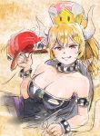  1girl alternate_eye_color bangs bare_shoulders baseball_cap black_dress blonde_hair blue_eyes bowsette bracelet breasts brown_eyes cleavage collar collarbone commentary_request crown dress eyebrows_visible_through_hair grin hair_between_eyes hat highres holding horns jewelry large_breasts long_hair looking_at_viewer super_mario_bros. mayo_riyo multicolored multicolored_background new_super_mario_bros._u_deluxe nintendo open_mouth ponytail sharp_teeth smile solo spiked_bracelet spiked_collar spikes strapless strapless_dress super_crown tail teeth 