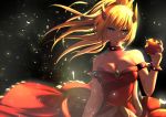  1girl alternate_color apple armlet bare_shoulders black_background blonde_hair blue_eyes bowsette bracelet breasts cleavage closed_mouth collar collarbone commentary_request cosmicsnic crown dress food fruit highres horns jewelry looking_at_viewer super_mario_bros. medium_breasts new_super_mario_bros._u_deluxe nintendo ponytail red_dress short_hair solo spiked_armlet spiked_bracelet spiked_collar spikes super_crown 