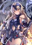  1girl armor armored_dress bangs bare_shoulders blue_dress blush breasts chains commentary_request detached_sleeves dress eyebrows_visible_through_hair fate/grand_order fate_(series) fur-trimmed_sleeves fur_trim gauntlets hair_between_eyes headpiece highres jeanne_d&#039;arc_(alter)_(fate) jeanne_d&#039;arc_(fate)_(all) light_brown_hair long_hair long_sleeves medium_breasts navel navel_cutout parted_lips smile solo sword twitter_username very_long_hair weapon xephonia yellow_eyes 