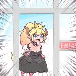  1girl 1koma absurdres bangs black_dress blonde_hair blue_eyes bowsette bracelet collar comic commentary dress gimme2000 hair_between_eyes highres horns jewelry long_ponytail super_mario_bros. new_super_mario_bros._u_deluxe nintendo spiked_armlet spiked_bracelet spiked_collar spikes super_crown 