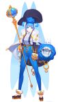  1girl absurdres belt blue_eyes blue_flower blue_hair blue_rose breasts cape chains closed_mouth double_bun expressionless flower full_body hair_flower hair_ornament highres holding holding_staff long_sleeves looking_at_viewer medium_breasts original rose short_hair simple_background solo staff standing takeno_(hashi_falcon) white_cape 