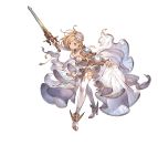  blonde_hair breasts brown_eyes cleavage cosplay detached_sleeves djeeta_(granblue_fantasy) dress expressionless flower granblue_fantasy hair_flower hair_ornament knights_of_glory minaba_hideo official_art shoulder_armor sword the_glory the_glory_(cosplay) thigh-highs transparent_background weapon white_dress white_flower white_legwear 
