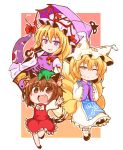  3girls ;) animal_ears blonde_hair bow bowtie brown_eyes brown_hair cat_ears cat_tail chen chibi chinese_clothes commentary dress earrings fang fox_ears fox_tail frilled_skirt frills full_body gap green_hat hair_between_eyes hands_in_opposite_sleeves hat hat_ribbon holding holding_umbrella jewelry long_hair long_sleeves looking_at_viewer mob_cap multiple_girls multiple_tails one_eye_closed open_mouth outstretched_arms parasol pillow_hat red_ribbon red_vest ribbon shiromamekei shirt short_hair skirt skirt_set smile tabard tail tassel touhou two-tone_background two_tails umbrella vest violet_eyes white_dress white_hat white_legwear white_shirt wide_sleeves yakumo_ran yakumo_yukari yellow_eyes 
