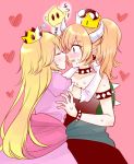  2girls blonde_hair blush bowsette bracelet chiko_(mario) closed_eyes collar commentary_request earphones elbow_gloves face-to-face facing_another fangs floating gloves heart hug imminent_kiss jewelry jin_mocoyama long_hair looking_at_another super_mario_bros. multiple_girls new_super_mario_bros._u_deluxe nintendo open_mouth pink_background pink_gloves ponytail princess_peach puffy_short_sleeves puffy_sleeves short_sleeves sleeping spike spiked_armlet spiked_bracelet spiked_collar spiked_shell spikes super_crown turtle_shell very_long_hair yuri zzz 