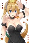 1girl bare_shoulders blonde_hair blue_eyes bowsette bracelet breasts breathing_fire claws cleavage collar crown dress earrings fire horns jewelry large_breasts leotard long_hair looking_at_viewer nintendo pointy_ears ponytail sakuramochi_usa sharp_teeth solo spiked_bracelet spiked_collar spikes super_crown super_mario_bros. tail teeth