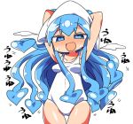  1girl :d arms_up bangs bare_shoulders blue_eyes blue_hair blush breasts casual_one-piece_swimsuit collarbone eyebrows_visible_through_hair hair_between_eyes hat heart heart-shaped_pupils ikamusume kanikama long_hair looking_at_viewer nose_blush one-piece_swimsuit open_mouth shinryaku!_ikamusume simple_background small_breasts smile solo squid_hat sweat swimsuit symbol-shaped_pupils tentacle_hair translation_request very_long_hair white_background white_swimsuit 