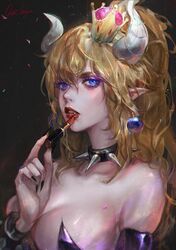  1igrl applying_makeup artist_name black_nails blonde_hair collar crown earrings fangs fingernails highres horns jewelry lips lipstick lipstick_tube long_fingernails lue_eyes makeup nail_polish oreki_genya petals ponytail solo 