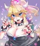  1girl bare_shoulders black_dress blonde_hair blue_eyes bowsette bracelet breasts cleavage collar cotonona774 crown dress earrings highres horns jewelry large_breasts long_hair looking_at_viewer super_mario_bros. new_super_mario_bros._u_deluxe nintendo pointy_ears ponytail sharp_teeth solo spiked_bracelet spiked_collar spiked_shell spiked_tail spikes strapless strapless_dress super_crown tail teeth turtle_shell 