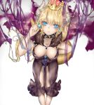  1girl bare_shoulders blonde_hair blue_eyes bowsette bracelet breasts cleavage collar crown dress earrings hatey_hatety highres horns jewelry large_breasts long_hair looking_at_viewer super_mario_bros. nintendo pointy_ears ponytail pout solo spiked_bracelet spiked_collar spikes super_crown 