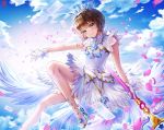  1girl blue_sky blush box_(hotpppink) brown_hair card_captor_sakura clear_card crown day dress feathered_wings gloves green_eyes head_tilt high_heels holding holding_staff kinomoto_sakura outdoors petals pumps short_dress short_hair_with_long_locks sidelocks sky sleeveless sleeveless_dress smile solo staff white_dress white_footwear white_gloves white_wings wings 