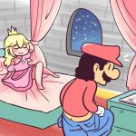  1boy 1girl 1koma absurdres bed blonde_hair blue_overalls brooch butt_crack comic commentary dress facial_hair gimme2000 hat highres jewelry long_hair mario super_mario_bros. mustache nintendo on_bed pants_down pink_dress princess_peach red_hat red_shirt shirt super_mario_bros. window 