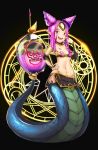  1girl black_background breasts btraphen lamia long_hair medium_breasts midriff monster_girl navel original pink_hair pointy_ears smile solo yellow_eyes 