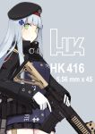  1girl absurdres assault_rifle bangs beret black_hat black_jacket black_skirt blunt_bangs blush breasts character_name closed_mouth commentary_request cowboy_shot girls_frontline gloves green_eyes grey_background gun hair_ornament hat heckler_&amp;_koch highres hk416 hk416_(girls_frontline) holding holding_gun holding_weapon jacket long_hair long_sleeves looking_at_viewer medium_breasts mikoto_(oi_plus) miniskirt object_namesake plaid plaid_skirt pleated_skirt rifle silver_hair simple_background skirt solo trigger_discipline very_long_hair weapon white_gloves 