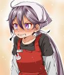  ahoge akebono_(kantai_collection) alternate_hairstyle apron blush bunny_pin casual clenched_teeth commentary_request hair_between_eyes hair_ornament hairclip kantai_collection kerchief long_hair long_sleeves nose_blush orange_background ponytail rabbit shino_(ponjiyuusu) shirt solo sweatdrop t-shirt teeth trembling upper_body 