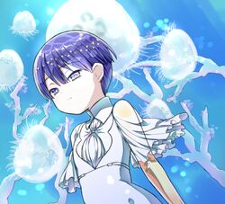  1other amimi androgynous bangs blue_eyes blue_hair blunt_bangs crystal_hair expressionless eyebrows_visible_through_hair glowing glowing_eye golden_arms heterochromia houseki_no_kuni jellyfish looking_at_viewer necktie phosphophyllite phosphophyllite_(ll) see-through short_hair solo spoilers underwater upper_body white_eyes 