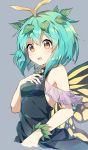  1girl antennae aqua_hair bangs bare_arms bare_shoulders black_dress blush breasts butterfly_wings caramell0501 commentary_request cropped_torso dress eternity_larva eyebrows_visible_through_hair grey_background hair_between_eyes hand_on_own_chest hand_up highres leaf leaf_on_head looking_at_viewer open_mouth short_hair sideboob simple_background sleeveless sleeveless_dress small_breasts touhou upper_body wings yellow_eyes 