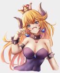  1girl bare_shoulders black_dress blonde_hair blue_eyes bowsette bracelet breasts chococuco cleavage collar crown dress earrings highres horns jewelry large_breasts long_hair looking_at_viewer super_mario_bros. nintendo pointy_ears ponytail sharp_teeth solo spiked_bracelet spiked_collar spikes strapless strapless_dress super_crown teeth 