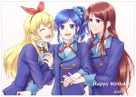  3girls aikatsu! aikatsu!_(series) bangs blonde_hair blue_eyes blue_hair brown_hair closed_eyes eyebrows_visible_through_hair fervent_idiot hand_holding highres hoshimiya_ichigo kiriya_aoi long_hair looking_at_viewer multiple_girls shibuki_ran soleil upper_teeth violet_eyes white_background 