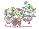  3girls ^_^ chibi chiki cloak closed_eyes closed_eyes dragon_wings dress fire_emblem fire_emblem:_mystery_of_the_emblem fire_emblem_heroes fishyupie food green_hair hand_holding highres hood hood_up long_hair mamkute multiple_girls multiple_persona nintendo open_mouth ponytail popsicle simple_background swimsuit tiara white_background wings 