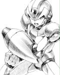  1boy android arm_cannon clenched_hand cowboy_shot greyscale helmet monochrome open_mouth power_armor rockman rockman_x serious simple_background solo teeth weapon white_background x_(rockman) yukinbo78 