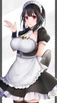 1girl absurdres alternate_costume apron arm_behind_back ascot black_border black_dress black_hair blush border breasts dress enmaided highres kantai_collection large_breasts looking_at_viewer maid maid_apron maid_headdress outside_border red_eyes short_hair short_sleeves simple_background smile solo standing takao_(kantai_collection) thigh-highs tray two-tone_background upper_body yunamaro 