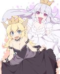  2girls black_dress blonde_hair blush bowsette bracelet breasts cleavage collar crown dress earrings fingernails frills grey_hair jewelry large_breasts m-ya super_mario_bros. multiple_girls nail_polish new_super_mario_bros._u_deluxe nintendo pale_skin pointy_ears princess_king_boo sharp_fingernails sharp_teeth spiked_armlet spiked_bracelet spiked_collar spikes super_crown teeth tongue tongue_out violet_eyes white_dress 