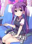  1girl :o black_legwear blue_vest blush breasts bus_interior collared_shirt commentary_request curtains gochuumon_wa_usagi_desu_ka? grey_neckwear hair_between_eyes hair_ornament hairclip hand_on_lap himarisu_(hida_mari) kneehighs long_hair looking_up medium_breasts necktie open_hand plaid plaid_skirt pleated_skirt purple_hair school_uniform shirt short_sleeves sidelocks sitting skirt solo sweatdrop tareme tedeza_rize tedeza_rize&#039;s_school_uniform twintails vest violet_eyes window 