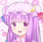  1girl blue_ribbon blush bright_background close-up crescent crescent_moon_pin double_bun eyebrows_visible_through_hair hat head looking_at_viewer open_mouth patchouli_knowledge purple_hair red_ribbon ribbon smile solo star striped striped_background touhou upper_body violet_eyes yukina_kurosaki 