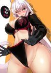  bikini bikini_pull black_bikini black_gloves black_jacket breasts cropped_jacket fate/grand_order fate_(series) gloves jacket jeanne_d&#039;arc_(alter_swimsuit_berserker) jeanne_d&#039;arc_(fate)_(all) large_breasts long_hair o-ring o-ring_bikini o-ring_bottom o-ring_top swimsuit untsue white_hair yellow_eyes 