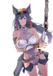  1girl bare_shoulders belt black_hair breasts bridal_gauntlets brown_eyes eyewear_on_head granblue_fantasy highres ilsa_(granblue_fantasy) kiriyama large_breasts long_hair looking_at_viewer simple_background solo sunglasses swimsuit thighs white_background white_swimsuit 