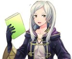  1girl :d a_meno0 bangs black_gloves brown_eyes collarbone female_my_unit_(fire_emblem:_kakusei) fire_emblem fire_emblem:_kakusei gloves holding long_hair my_unit_(fire_emblem:_kakusei) nintendo open_mouth parted_bangs silver_hair simple_background smile solo upper_body white_background 