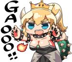  1girl :d aqua_eyes bangs bare_shoulders black_collar black_dress black_nails blonde_hair bowsette bracelet breasts breathing_fire chibi cleavage collar collarbone crown dress eyebrows_visible_through_hair fingernails fire forked_eyebrows gao hair_between_eyes hands_up horns jewelry kanikama large_breasts leaning_forward long_fingernails long_hair lowres super_mario_bros. mini_crown nail_polish new_super_mario_bros._u_deluxe nintendo open_mouth ponytail princess sharp_fingernails sharp_teeth simple_background smile solo spiked_armlet spiked_bracelet spiked_collar spiked_shell spikes standing strapless strapless_dress super_crown super_mario_bros. teeth thick_eyebrows turtle_shell v-shaped_eyebrows white_background 