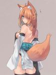  ... 1girl ahoge animal_ears ass back bare_shoulders black_legwear black_panties blue_ribbon breasts commentary_request cowboy_shot detached_sleeves fox_ears fox_girl fox_tail from_behind hand_on_own_chest japanese_clothes kimono long_hair long_sleeves looking_back medium_breasts mole_on_back obi orange_hair original panties pubic_hair purple_background ribbon sash sawaya_(mizukazu) shoulder_blades sideboob simple_background solo sweat tail thigh-highs thigh_gap underwear white_kimono wide_sleeves 