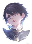  1girl bad_id bad_twitter_id bangs bayonetta bayonetta_(character) bayonetta_2 black-framed_eyewear black_hair earrings eyebrows_visible_through_hair glasses grey_eyes grin head_tilt jewelry lipstick looking_at_viewer makeup mole mole_under_mouth portrait red_lipstick ryota_(ry_o_ta) short_hair signature simple_background smile solo swept_bangs white_background 
