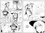  2girls bow capelet closed_eyes collared_shirt comic cup ebizome greyscale hat hat_bow hat_ribbon holding holding_cup legs_crossed low_twintails luize monochrome multiple_girls nagae_iku open_mouth ribbon shirt short_twintails sidelocks sitting smile touhou touhou_(pc-98) translation_request twintails 