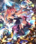  1girl ahoge animal_ears artist_request audience blue_eyes cat_ears cat_tail cygames disco_ball dress eyebrows_visible_through_hair fake_animal_ears gloves hairband idol kneeling lishenna_omen_of_destruction long_hair looking_at_viewer microphone music official_art reaching_out redhead ribbon shadowverse singing skirt tail thigh-highs twintails 