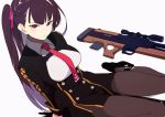  1girl between_breasts breasts bullpup commentary eyebrows_visible_through_hair girls_frontline gloves gun hair_ribbon looking_at_viewer necktie necktie_between_breasts one_side_up pantyhose purple_hair red_eyes red_neckwear ribbon rifle side_ponytail simple_background sitting sniper_rifle sohin solo wa2000_(girls_frontline) walther walther_wa_2000 weapon white_background 