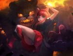  1girl absurdres animal_ears annie_hastur arm_up bangs bear black_footwear cat_ears fake_animal_ears fire frown green_eyes hairband highres hit-kun league_of_legends long_hair looking_at_viewer miniskirt panties pantyshot pink_hairband puffy_short_sleeves puffy_sleeves red_legwear red_skirt redhead shoes short_sleeves skirt socks stuffed_animal stuffed_toy teddy_bear tibbers underwear white_panties 