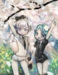  2others amimi androgynous antarcticite aqua_eyes aqua_hair blue_eyes blue_hair branch bush crystal_hair eyebrows_visible_through_hair gem_uniform_(houseki_no_kuni) gloves hair_between_eyes hand_holding houseki_no_kuni long_bangs looking_at_viewer multiple_others necktie no_nose open_mouth petals phosphophyllite pointing pointing_up short_hair silver_hair smile tree white_eyes white_hair 