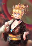  1girl black_nails blonde_hair blue_eyes bowsette breasts cleavage collar crown earrings food_print hair_ornament horns japanese_clothes jewelry kimono large_breasts long_hair looking_at_viewer super_mario_bros. mushroom mushroom_print nail_polish new_super_mario_bros._u_deluxe nintendo obi open_mouth pointy_ears sash smile solo spiked_collar spikes super_crown wide_sleeves yukata 