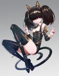  1girl animal_ears ass bare_shoulders black_hair black_legwear boots breasts cat_ears cozy detached_sleeves double_v facing_viewer hair_over_eyes highres original tail thigh-highs twintails v 