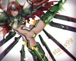  1girl akilico alternate_color blazblue forehead_protector gloves long_hair mecha_musume mu-12 navel redhead solo thigh-highs yellow_eyes 