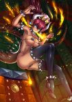  1girl adsouto bare_shoulders blue_eyes bowser bowsette bracelet breasts collar crown dark_skin genderswap genderswap_(mtf) highres horns jewelry large_breasts super_mario_bros. monster_girl new_super_mario_bros._u_deluxe nintendo ponytail redhead spiked_bracelet spiked_collar spikes super_crown 