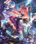  1girl ahoge artist_request audience blue_eyes cygames disco_ball dress eyebrows_visible_through_hair gloves hairband idol kneeling lishenna_omen_of_destruction long_hair looking_at_viewer microphone music official_art redhead ribbon shadowverse singing skirt thigh-highs 