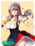  1girl ;d alcohol alternate_costume alternate_hairstyle apron armpits beer beer_mug black_hair blush breasts choker cleavage collarbone commentary corset cowboy_shot cup dirndl dress eyebrows_visible_through_hair flying_heart german_clothes hair_between_eyes hair_ornament hair_tie hairband hairclip haruna_(kantai_collection) highres holding holding_cup jewelry kantai_collection large_breasts long_hair looking_at_viewer oktoberfest one_eye_closed open_mouth outside_border reaching_out remodel_(kantai_collection) ring simple_background smile solo thighs tsukui_kachou twintails underbust wedding_band 