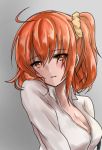  1girl arumikan blush breasts brown_eyes cleavage dress_shirt eyebrows_visible_through_hair fate/grand_order fate_(series) fujimaru_ritsuka_(female) grey_background hair_between_eyes highres long_hair looking_at_viewer medium_breasts open_clothes open_shirt orange_hair parted_lips shirt sketch solo upper_body white_shirt 
