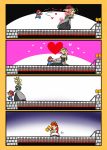  1boy 2girls 4koma axe bare_shoulders battle_axe blonde_hair blue_eyes bowsette bracelet breasts bridge collar comic crown dress hand_holding heart holding holding_weapon horns jewelry kogane_(staygold) large_breasts mario super_mario_bros. multiple_girls new_super_mario_bros._u_deluxe nintendo pixel_art ponytail princess_peach redhead spiked_bracelet spiked_collar spikes super_crown super_mario_bros. weapon 