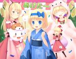  4girls a_(aaaaaaaaaaw) alice_margatroid alice_margatroid_(pc-98) alternate_costume animal_costume animal_ears bangs blonde_hair blue_bow blue_eyes bow brown_eyes collar commentary_request confetti fake_animal_ears floating hair_bow hair_ornament hair_scrunchie holding holding_sack japanese_clothes kimono looking_at_viewer low_twintails luize multiple_girls obi purple_scrunchie sack sash scrunchie shanghai_doll touhou touhou_(pc-98) translated twintails wide_sleeves year_of_the_dog yumeko 